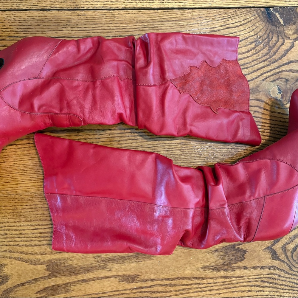 Vintage red tall boots, genuine leather and suede, size 7B - Picture 1 of 5